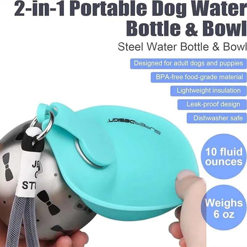 Portable Dog Water Bottle – Stainless Steel No-Spill Travel Dispenser with Bowl